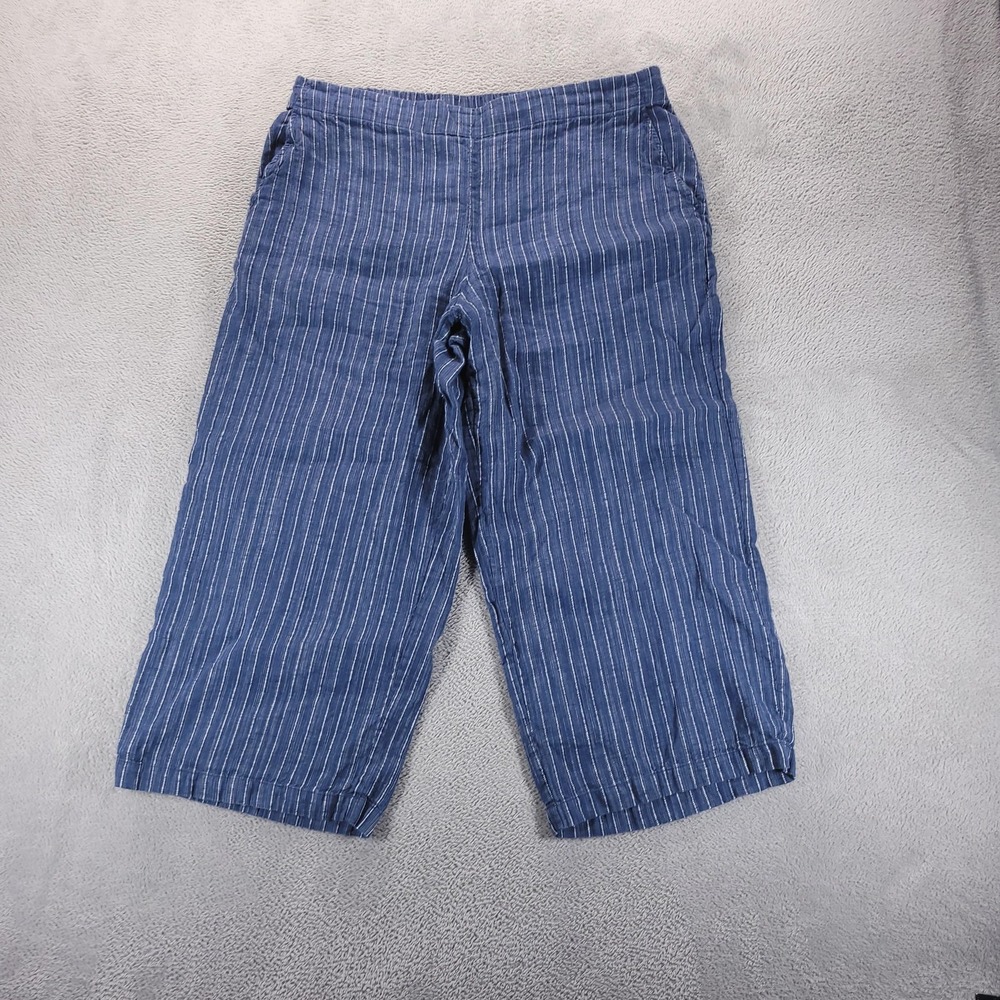 Eileen‎ Fisher Pants Womens L Blue Striped Linen Cropped Pull On Nautical